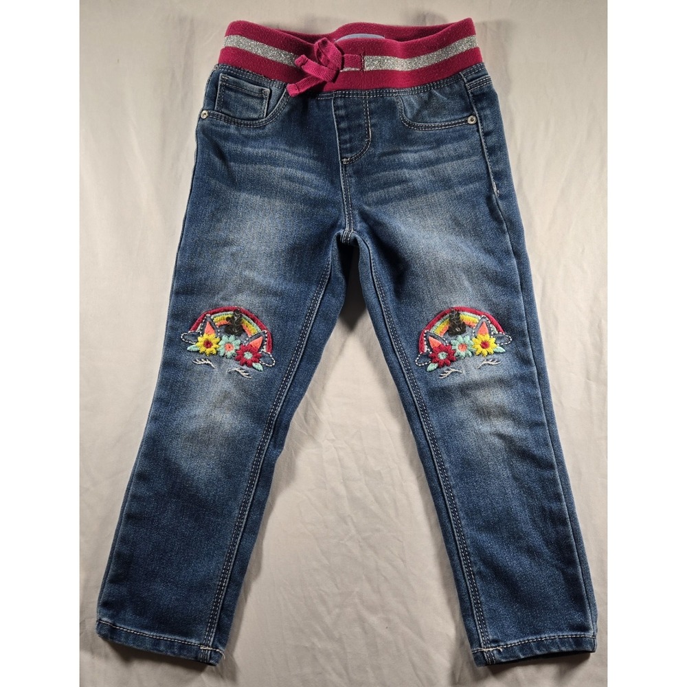 Girls'‎ Medium Wash Denim Unicorn Jeans with Pink Waistband (4T)